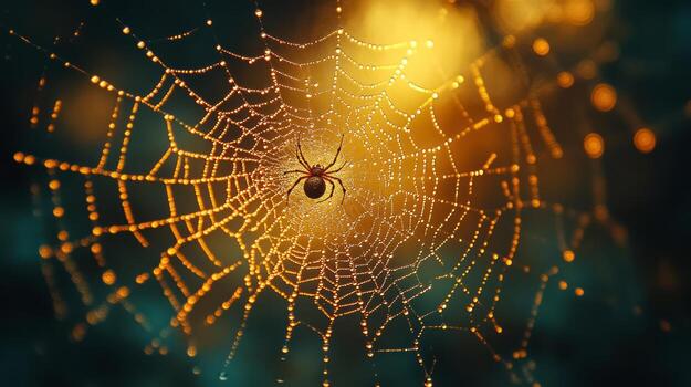 A spider is sitting on a web in the dark photo