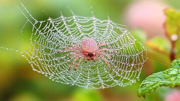 A spider sits on its web with dew drops on it photo