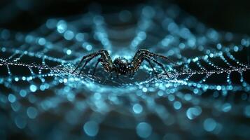 A spider sits on a web with water droplets photo