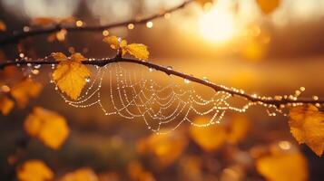 A spider web is covered with dew drops in the sun photo