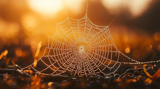 A spider web is shown in the sun photo