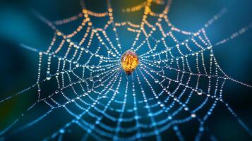 A spider web with dew drops on it photo