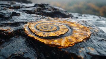 A spiral rock with a yellow and black spiral on it photo
