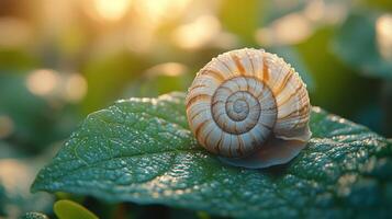 A snail is sitting on a leaf with sunlight shining through photo