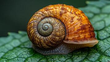 A snail is sitting on a green leaf photo