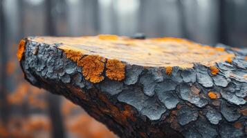 A close up of a tree trunk with orange lichen photo