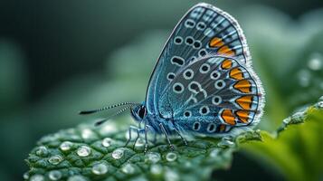 A blue butterfly is sitting on a green leaf photo