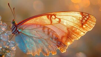 A butterfly is sitting on a flower with a golden light photo