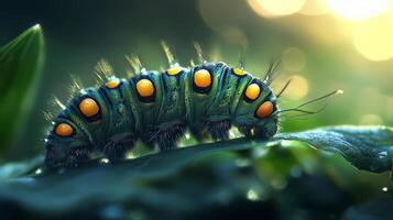 A caterpillar with yellow eyes and green skin photo