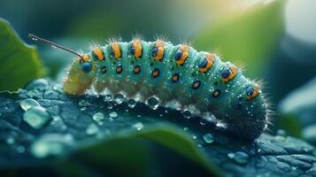 A caterpillar is sitting on a leaf with water droplets photo