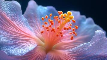 A close up of a blue flower with yellow stamens photo