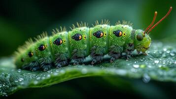 A green caterpillar with black eyes sitting on a leaf photo