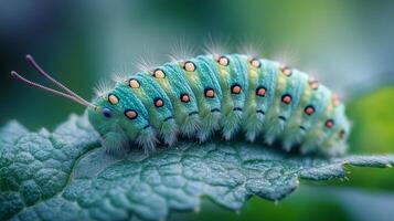 A green caterpillar with yellow spots on its back photo