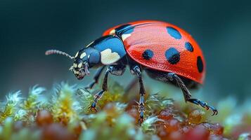 A ladybug is sitting on top of a plant photo