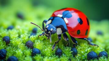 A ladybug is sitting on top of a green plant photo