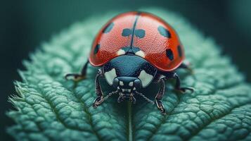 A ladybug is sitting on a green leaf photo