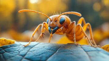 An ant is standing on a leaf photo