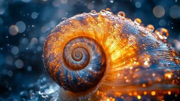 A snail shell with water droplets on it photo