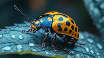 A close up of a yellow and black bug photo