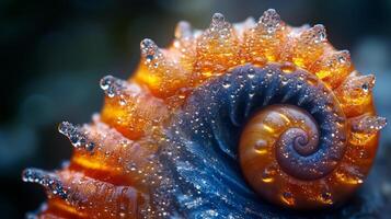 A close up of a colorful shell with water droplets photo