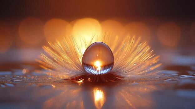 A water drop on a surface with a light behind it photo