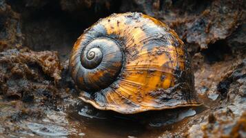 A snail shell is sitting in the mud photo