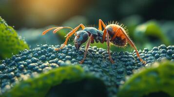 An ant is sitting on top of a green plant photo