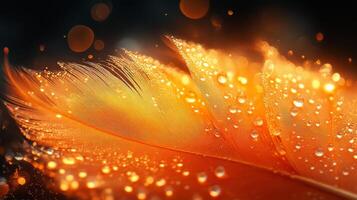 An orange feather with water droplets on it photo