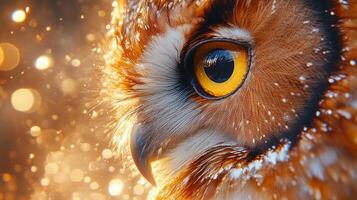 An owl with bright yellow eyes is looking at the camera photo