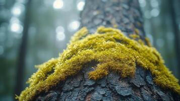 A close up of a tree trunk with moss growing on it photo