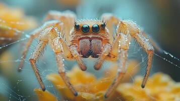 A spider with large eyes sitting on some flowers photo