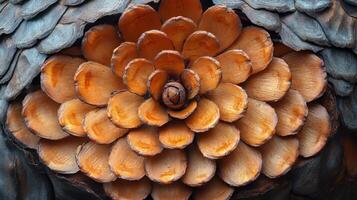 A close up of a pine cone with a flower photo