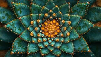 A close up of a cactus with a golden center photo
