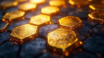 Golden hexagons on a black background photo