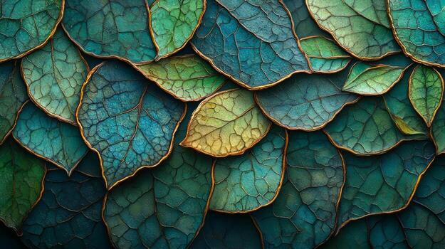 A close up of a green leaf with blue and yellow colors photo