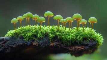 A group of small mushrooms growing on a mossy log photo