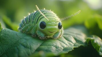 A cute caterpillar is sitting on a leaf photo