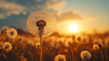 Dandelion in the field at sunset photo