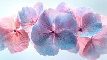 A group of pink and blue flowers are shown photo