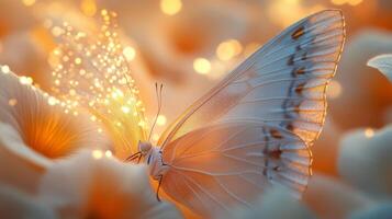 A butterfly is flying through the air with light shining on it photo