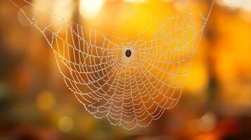 A spider web is shown in front of a background of trees photo