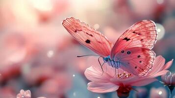 A pink butterfly is sitting on a flower photo