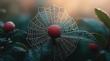 A spider web with red berries on it photo
