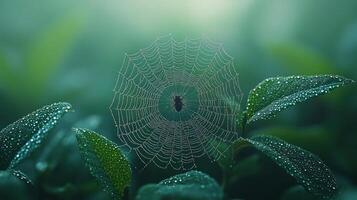 A spider web is surrounded by leaves photo