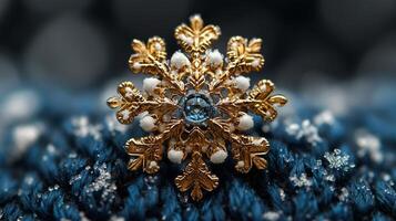 A gold and blue snowflake brooch with pearls photo