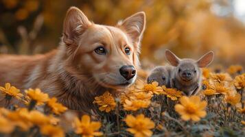 A dog and a baby rabbit in a field of flowers photo