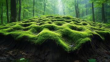 A moss covered stump in the middle of a forest photo