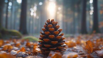 A pine cone in the middle of a forest photo