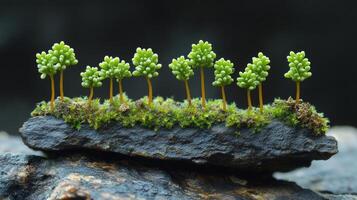 A small group of small trees growing on top of a rock photo