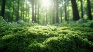 A green forest with sunlight shining through the trees photo